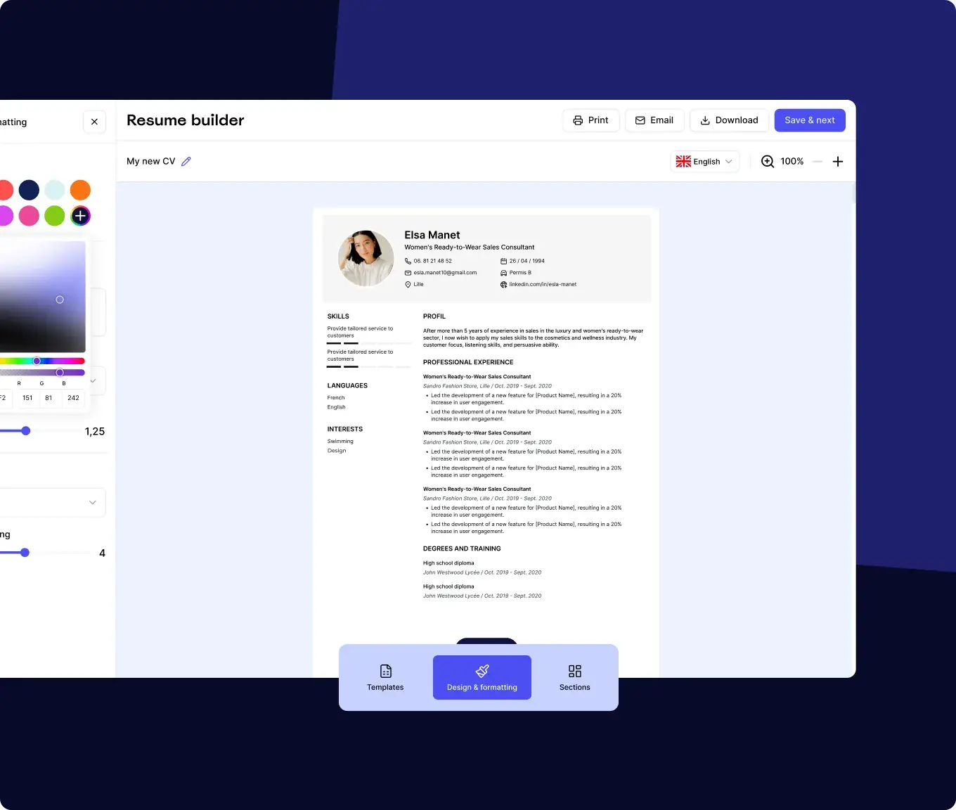 MakeMyCV CV-byggeren med live forhåndsvisning og designkontroller